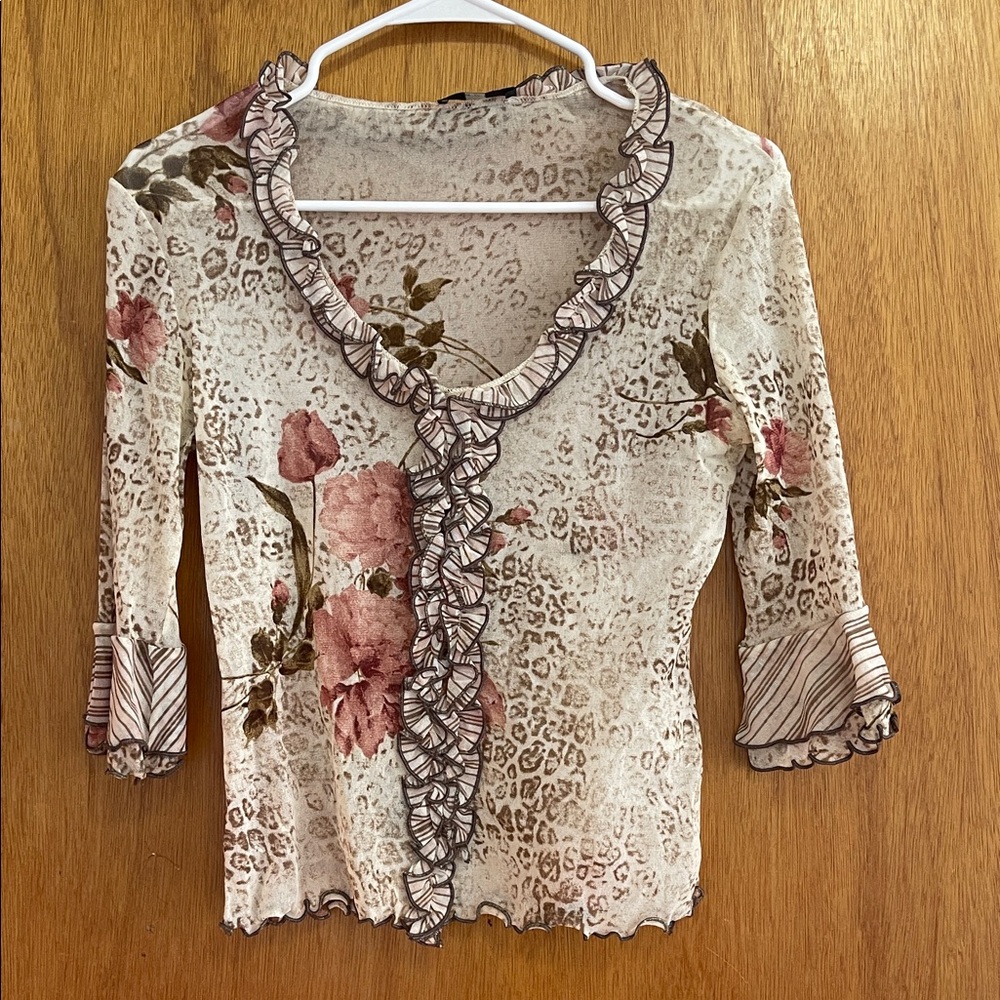 Floral Ruffle Trim Women's Top